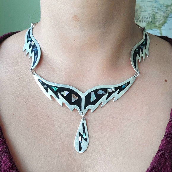 Vintage Mexican Alpaca Silver Abalone Shell Ornate Bib Necklace - Picture 10 of 16